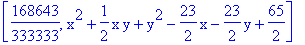 [168643/333333, x^2+1/2*x*y+y^2-23/2*x-23/2*y+65/2]